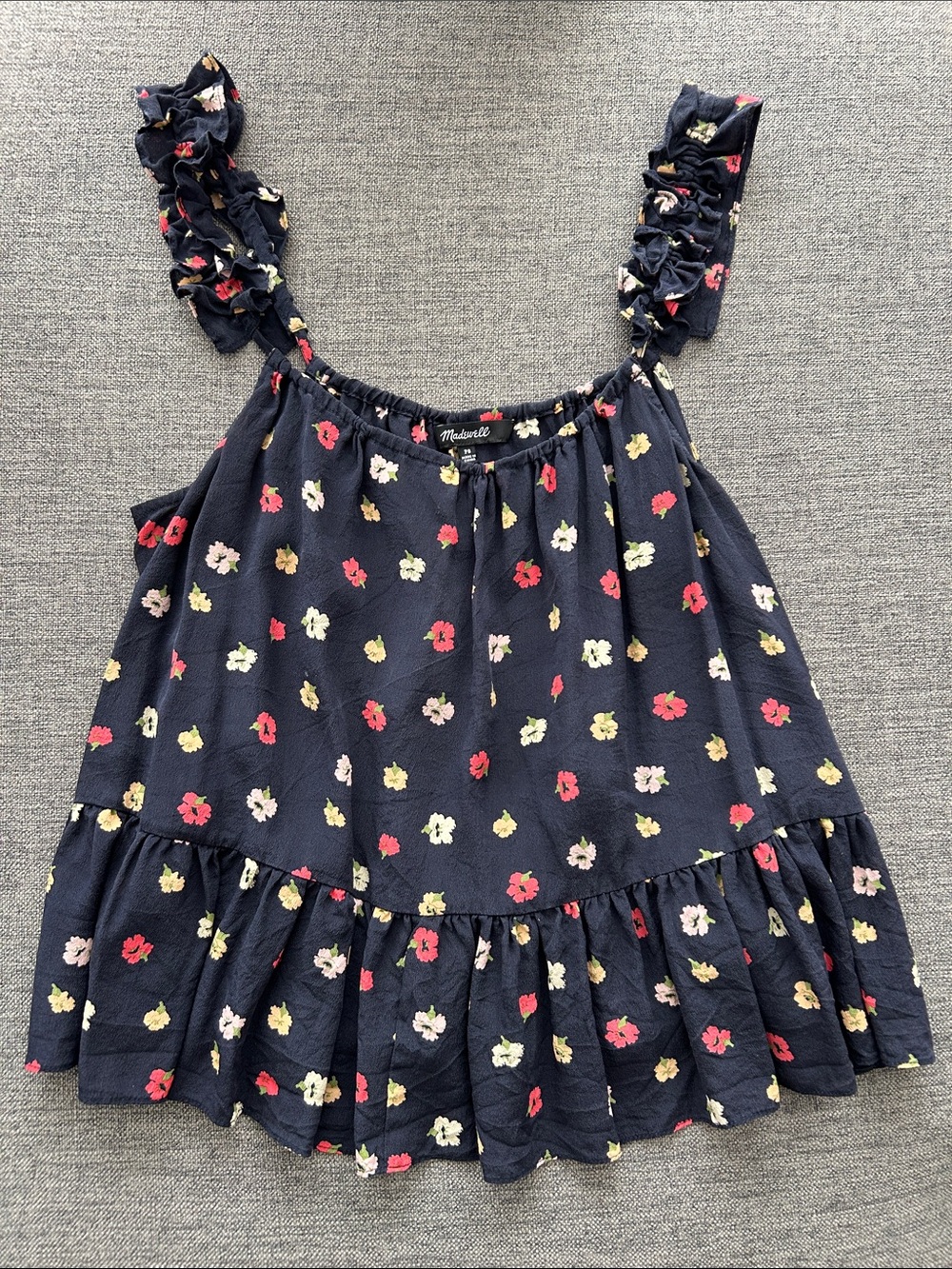 Madewell Navy Floral Ruffle Strap Silk Tank
